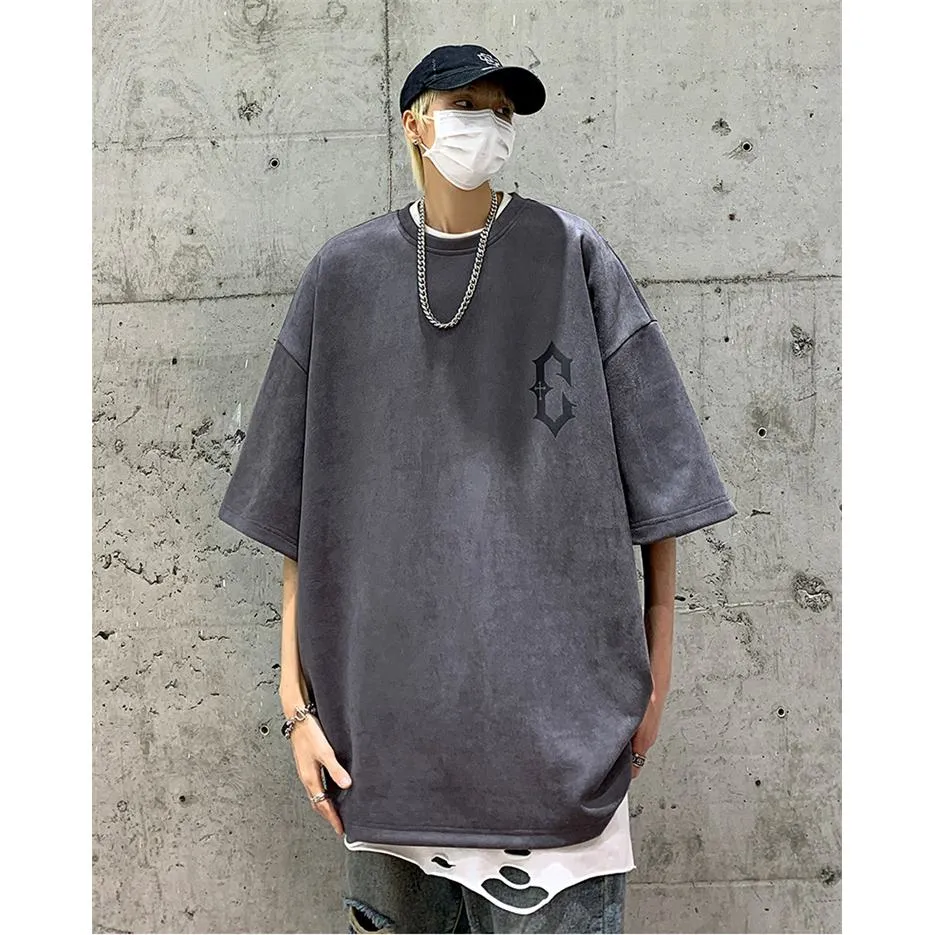 Drop Shoulder Suede Elasticity Print Round Neck Short Sleeve Tee