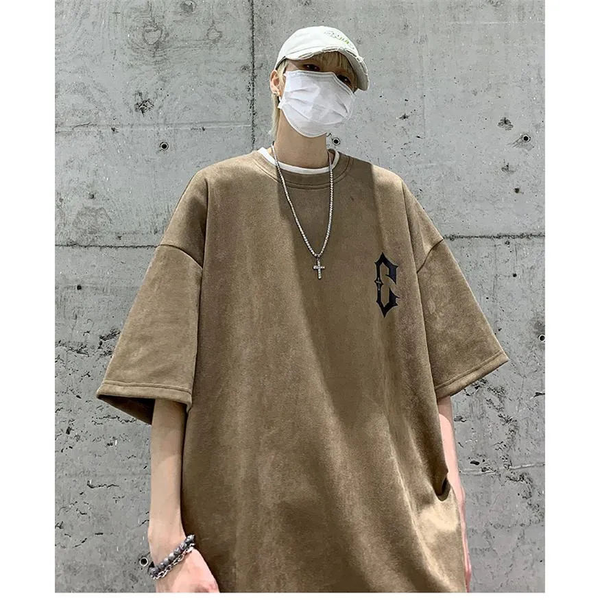 Drop Shoulder Suede Elasticity Print Round Neck Short Sleeve Tee