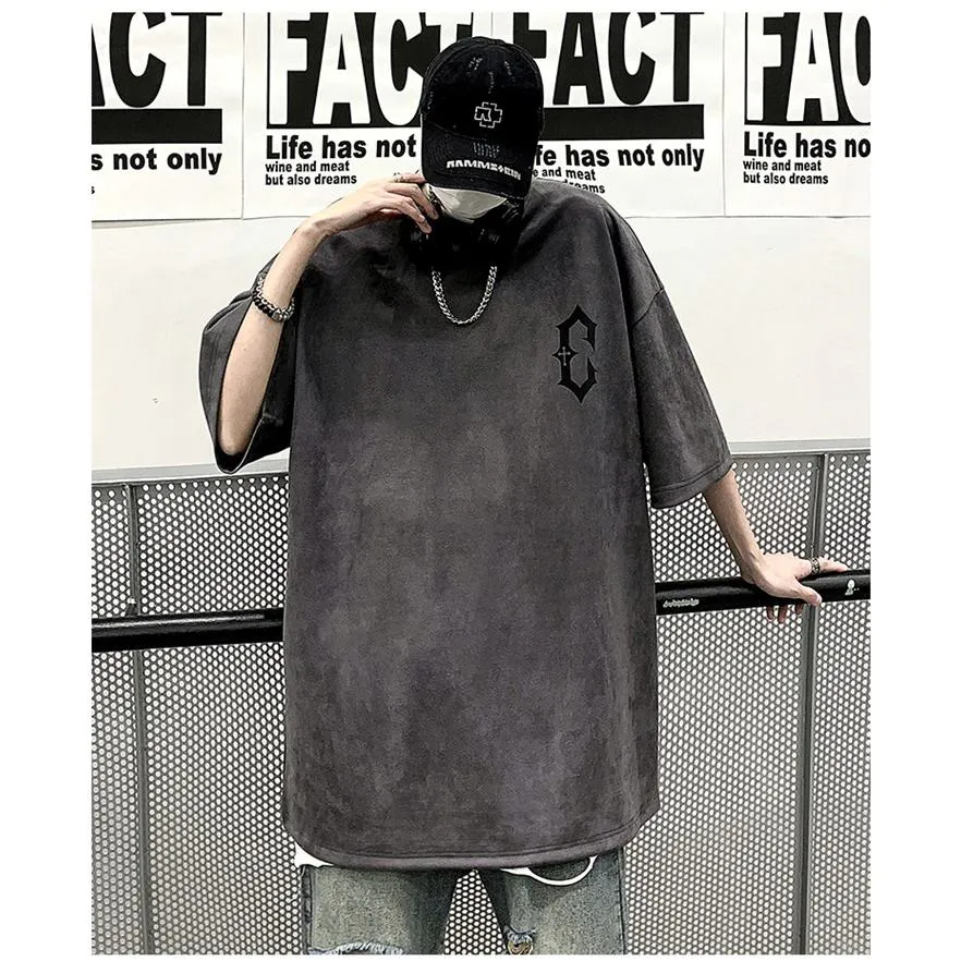 Drop Shoulder Suede Elasticity Print Round Neck Short Sleeve Tee