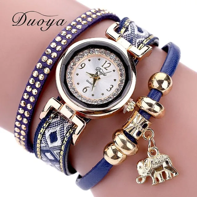 Duoya Luxury Brand Fashion Women Gold Elephant Quartz Crystal Dress Bracelet Watch Clock Female Women Girl Wristwatches Gift