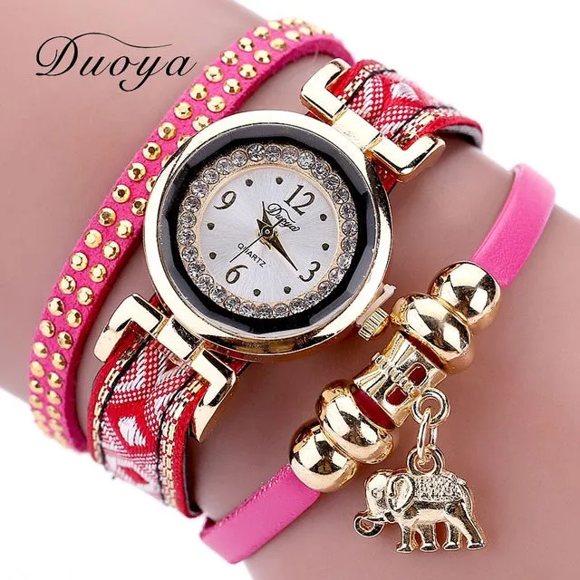 Duoya Luxury Brand Fashion Women Gold Elephant Quartz Crystal Dress Bracelet Watch Clock Female Women Girl Wristwatches Gift