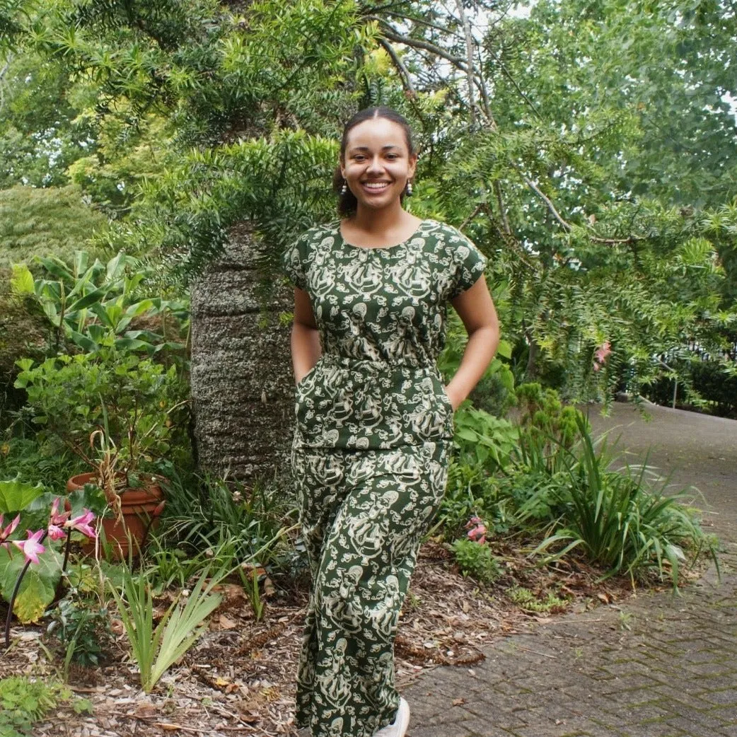 Fair Trade Cotton Green Dancer Design Zippered Jumpsuit