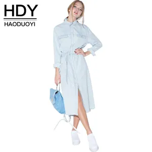 HDY Haoduoyi Women Retro Denim Dress Front Belt Casual Vintage Dress Women Blue Solid Midi Shirt Dress Robe Femme Vestido