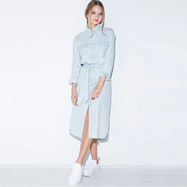 HDY Haoduoyi Women Retro Denim Dress Front Belt Casual Vintage Dress Women Blue Solid Midi Shirt Dress Robe Femme Vestido