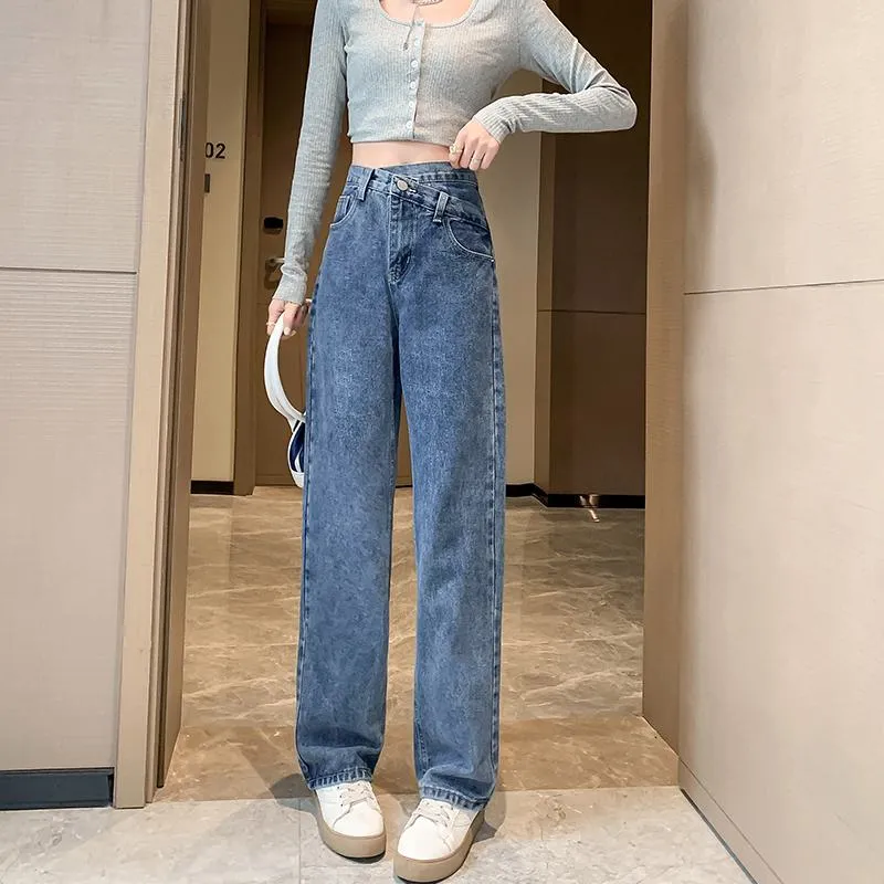 High-Waisted Design Draping Floor-Length Loose Fit Straight Leg Jeans