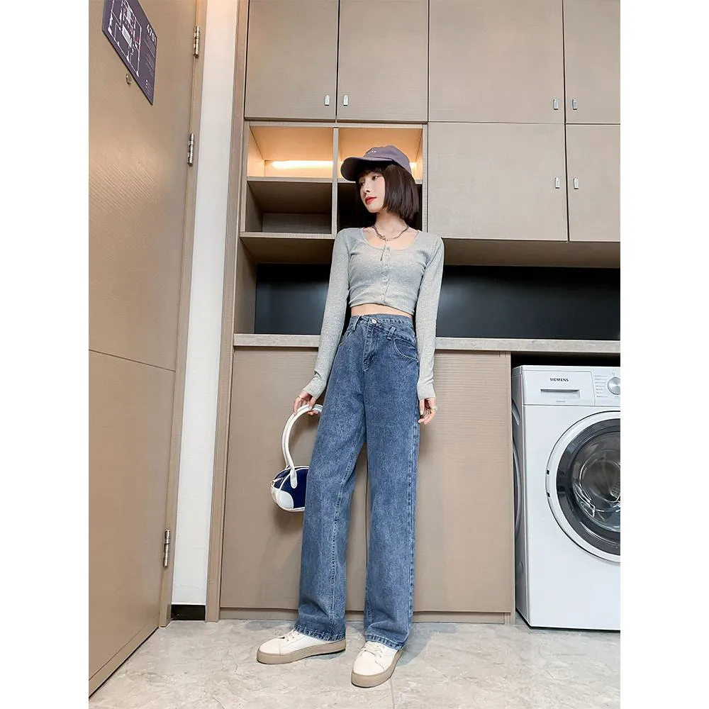 High-Waisted Design Draping Floor-Length Loose Fit Straight Leg Jeans