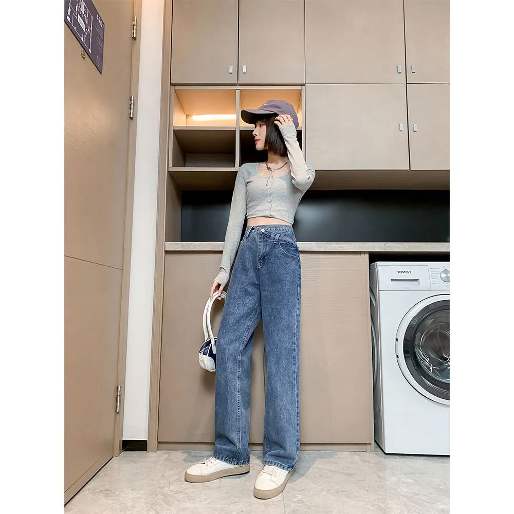 High-Waisted Design Draping Floor-Length Loose Fit Straight Leg Jeans