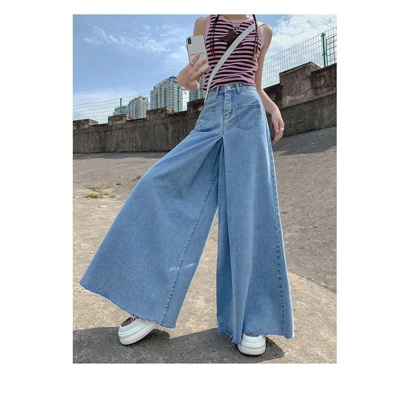 High-Waisted Frayed Edge Loose Fit Wide-Leg Jeans