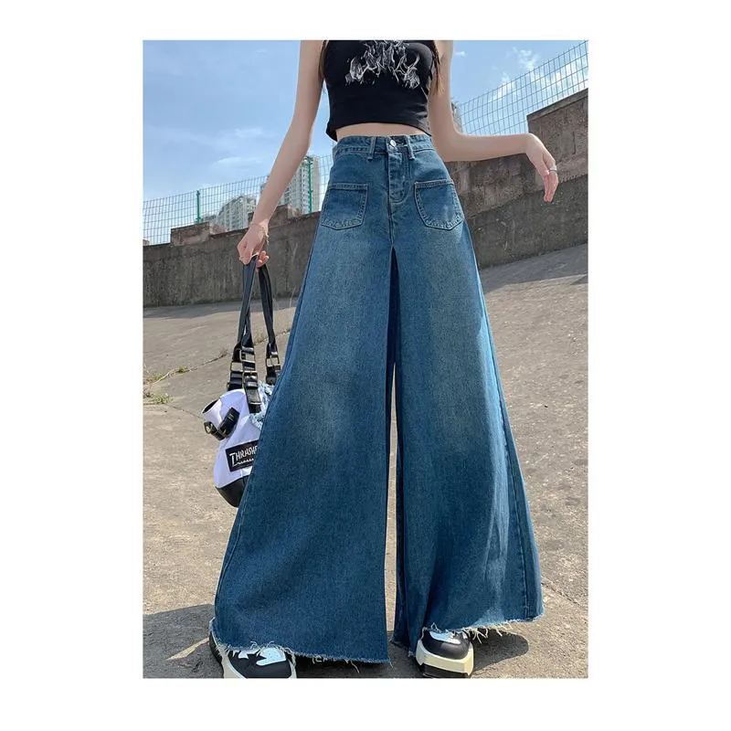 High-Waisted Frayed Edge Loose Fit Wide-Leg Jeans