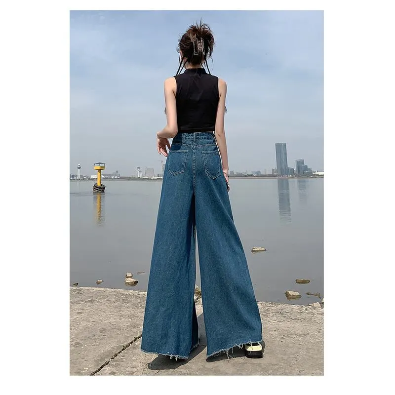 High-Waisted Frayed Edge Loose Fit Wide-Leg Jeans