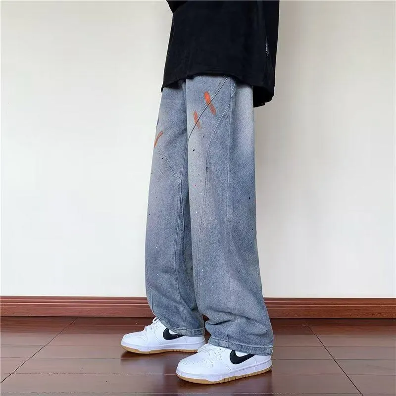 Ink Splashing Graffiti Hip-Hop Versatile Straight Patchwork Retro Jeans