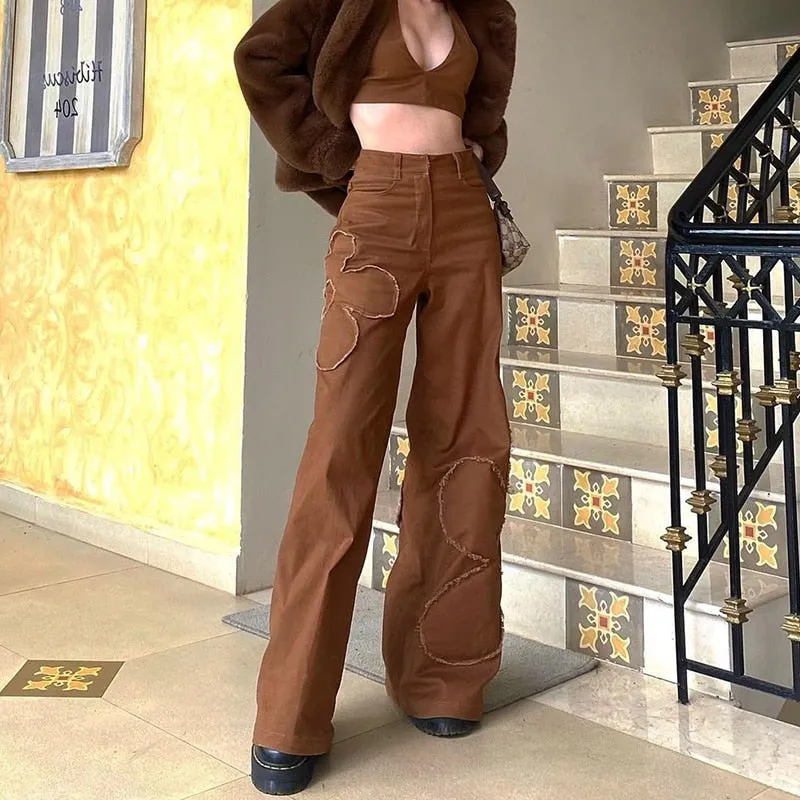 KittenAlarm - Brown Vintage Baggy Jeans Women 90s Streetwear