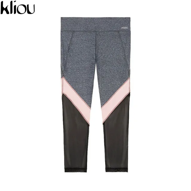 Kliou 2017 Women Casual Leggings Fitness summer Leggings New Arrival Ladies Plain Elastic Waist patchwork  Mesh Insert Leggings