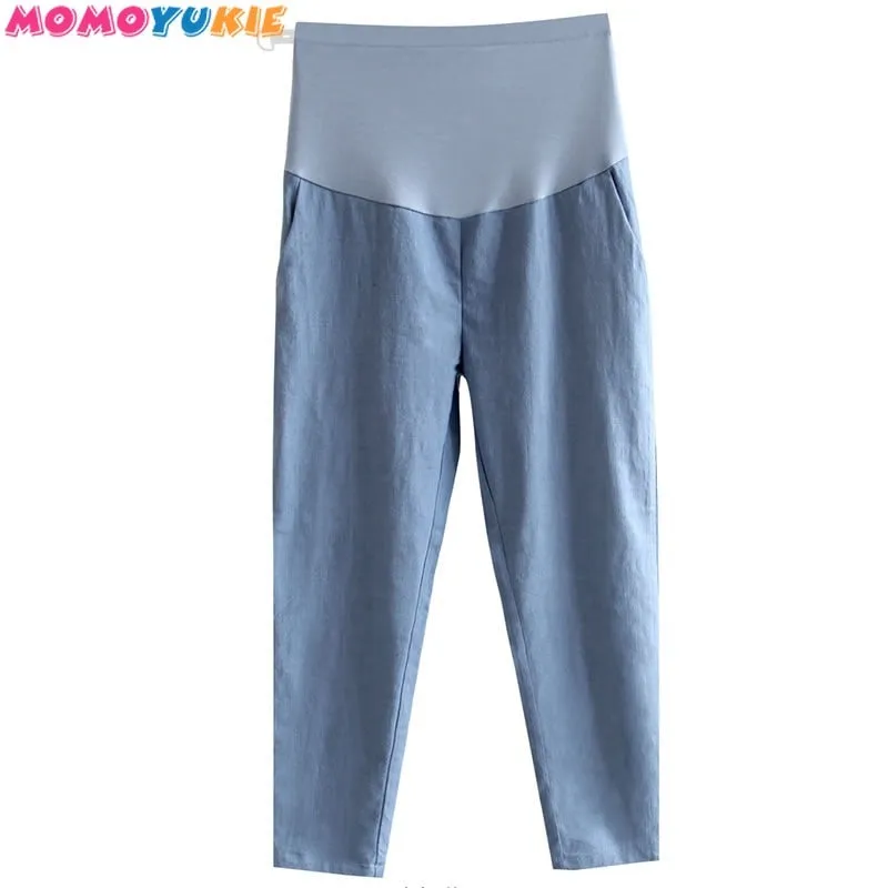 Maternity Pants Thin Cotton Linen Ankle-length Pants High Waist Solid Color Pregnant Women Clothing