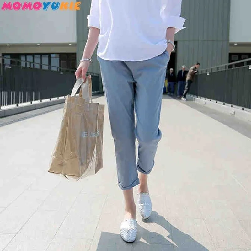 Maternity Pants Thin Cotton Linen Ankle-length Pants High Waist Solid Color Pregnant Women Clothing