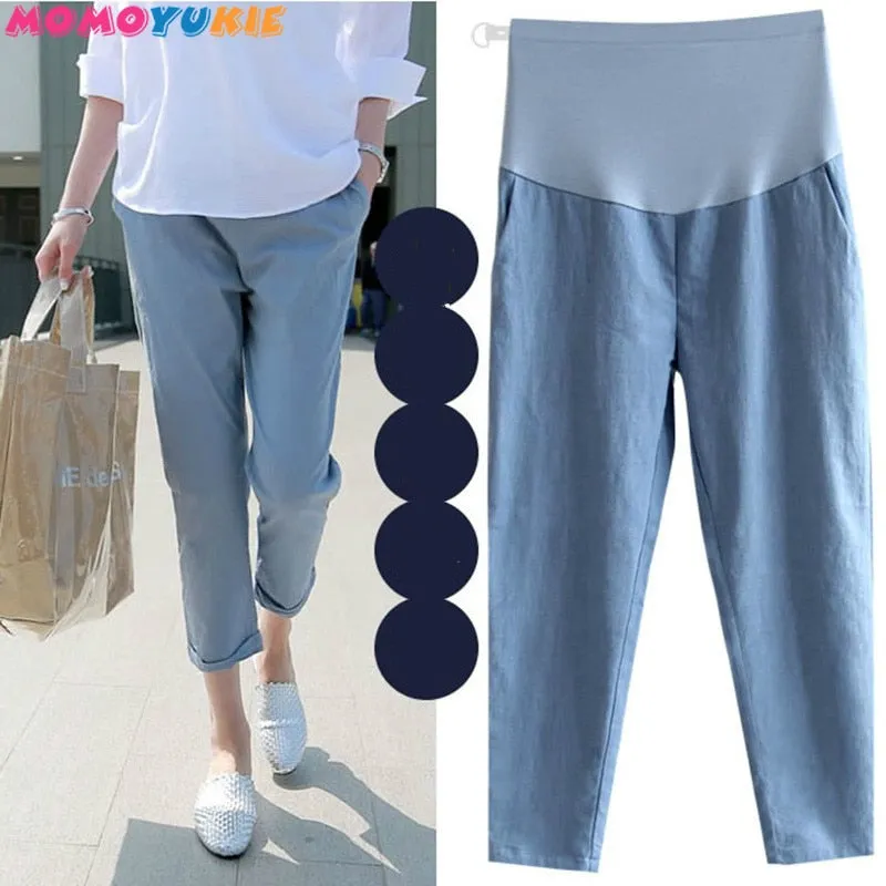 Maternity Pants Thin Cotton Linen Ankle-length Pants High Waist Solid Color Pregnant Women Clothing