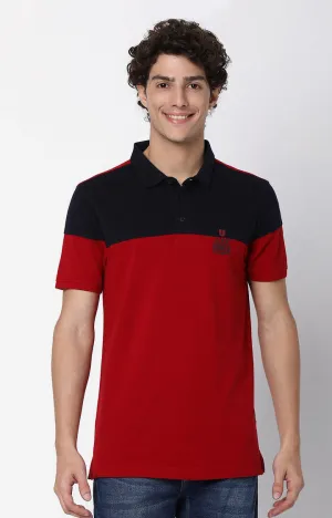 Men Premium Deep Red & Navy Cotton Regular Fit Polo T-Shirt - Underjeans By Spykar