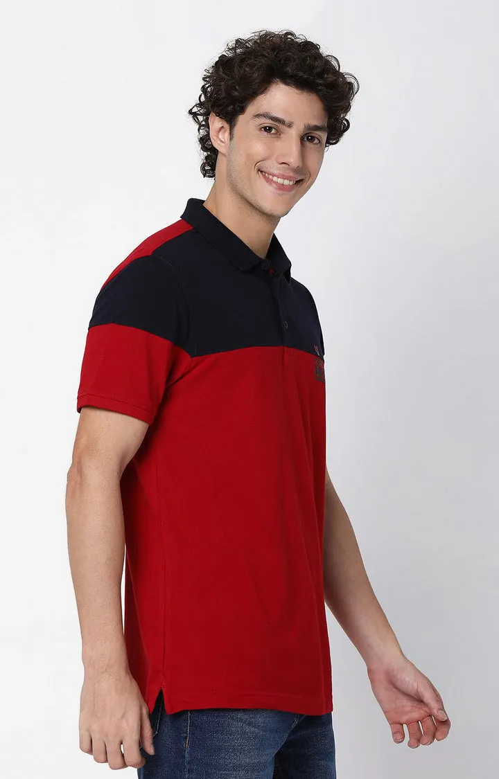 Men Premium Deep Red & Navy Cotton Regular Fit Polo T-Shirt - Underjeans By Spykar