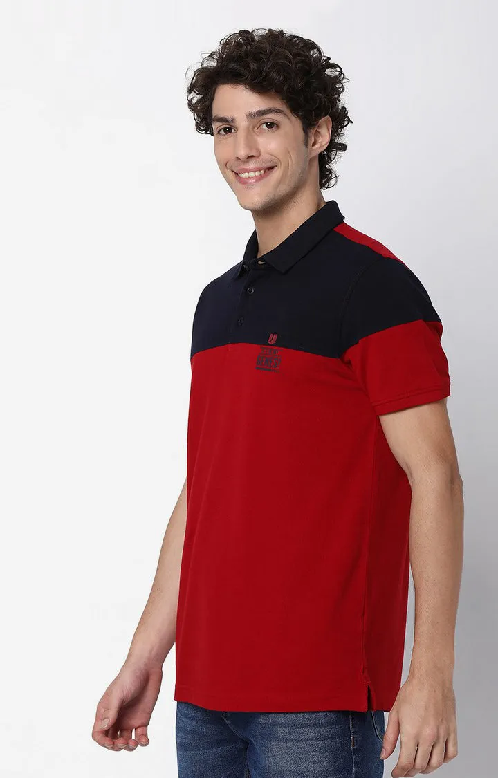 Men Premium Deep Red & Navy Cotton Regular Fit Polo T-Shirt - Underjeans By Spykar