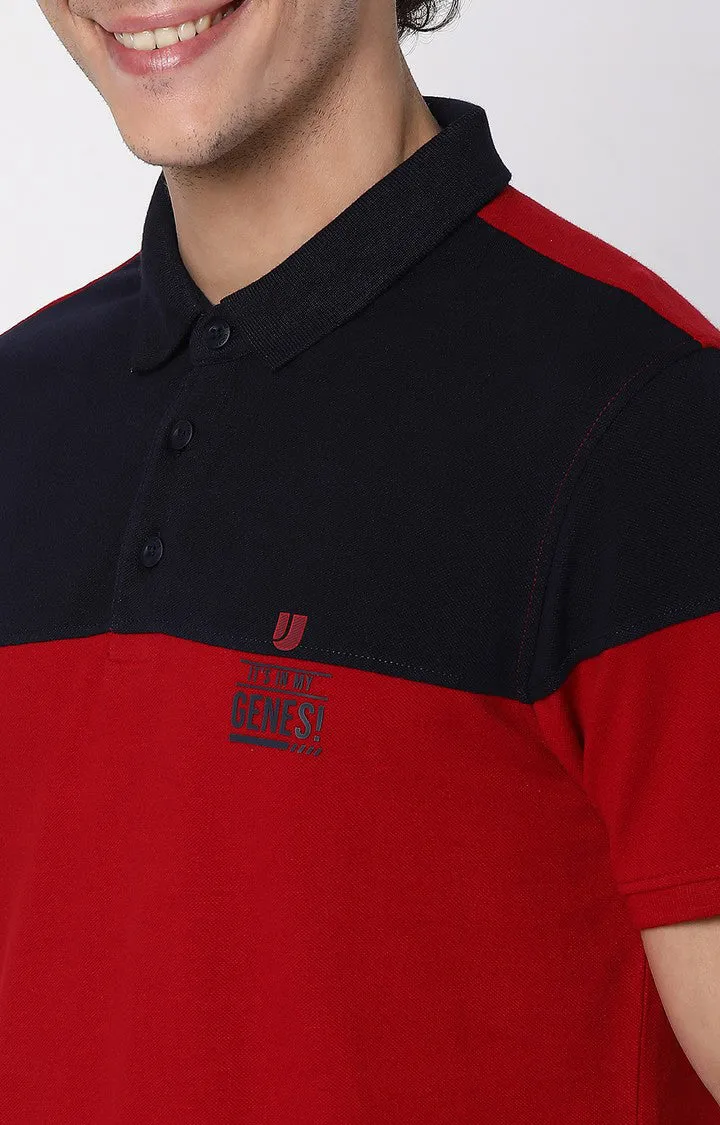 Men Premium Deep Red & Navy Cotton Regular Fit Polo T-Shirt - Underjeans By Spykar