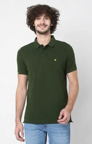 Men Premium Green Cotton Regular Fit Polo T-Shirt - Underjeans By Spykar