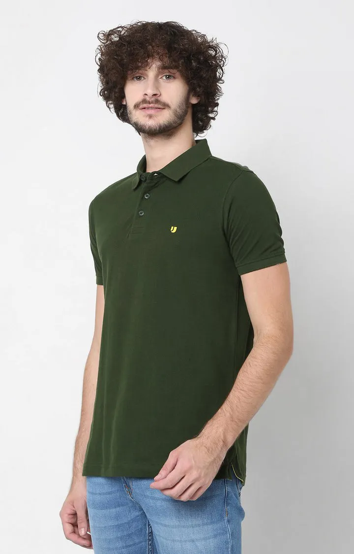 Men Premium Green Cotton Regular Fit Polo T-Shirt - Underjeans By Spykar