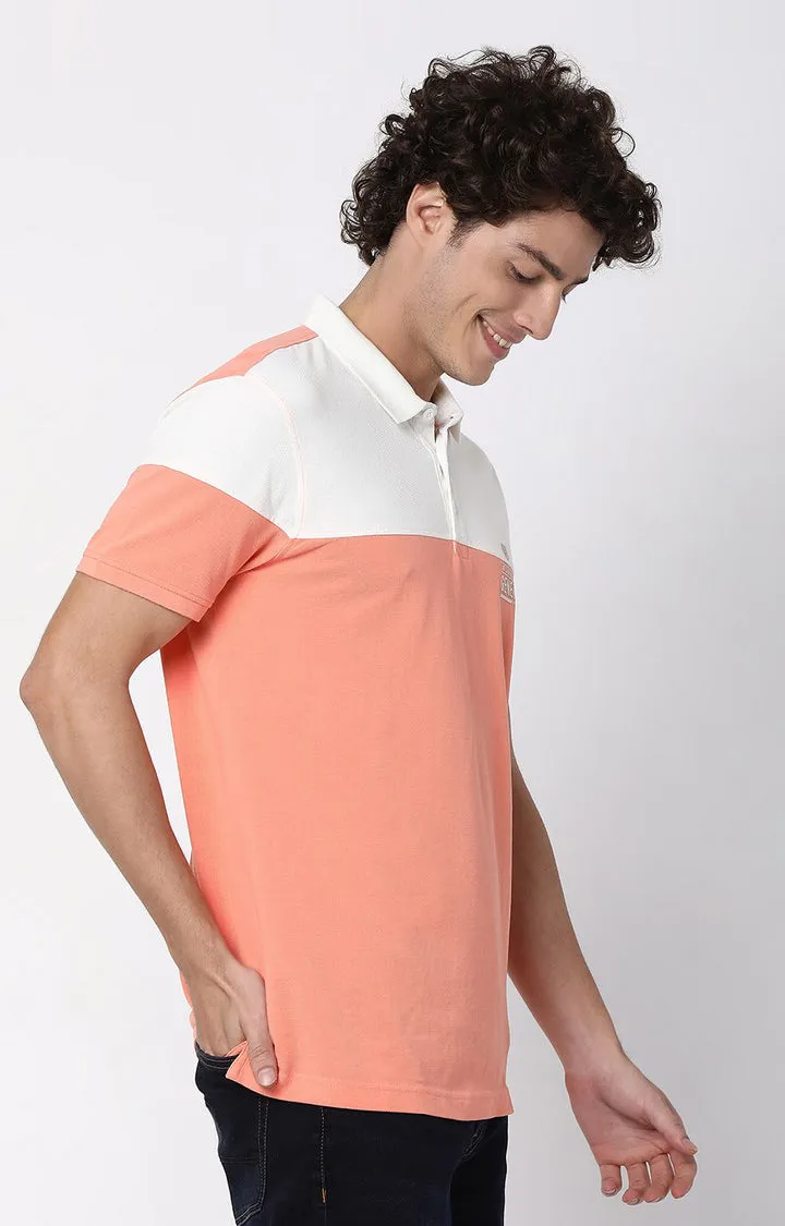 Men Premium Peach & Ecru Cotton Regular Fit Polo T-Shirt - Underjeans By Spykar