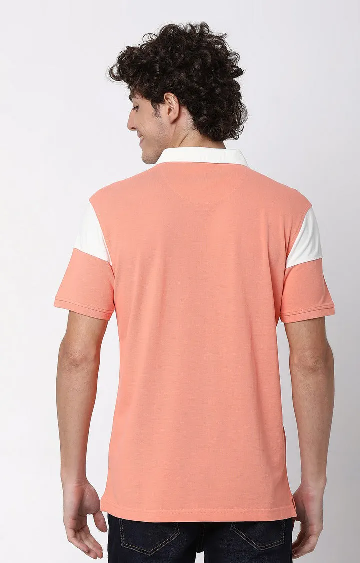 Men Premium Peach & Ecru Cotton Regular Fit Polo T-Shirt - Underjeans By Spykar