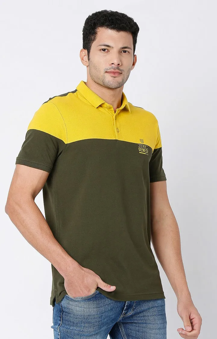 Men Premium Rifle Green & Yellow Cotton Regular Fit Polo Tshirt - Underjeans By Spykar