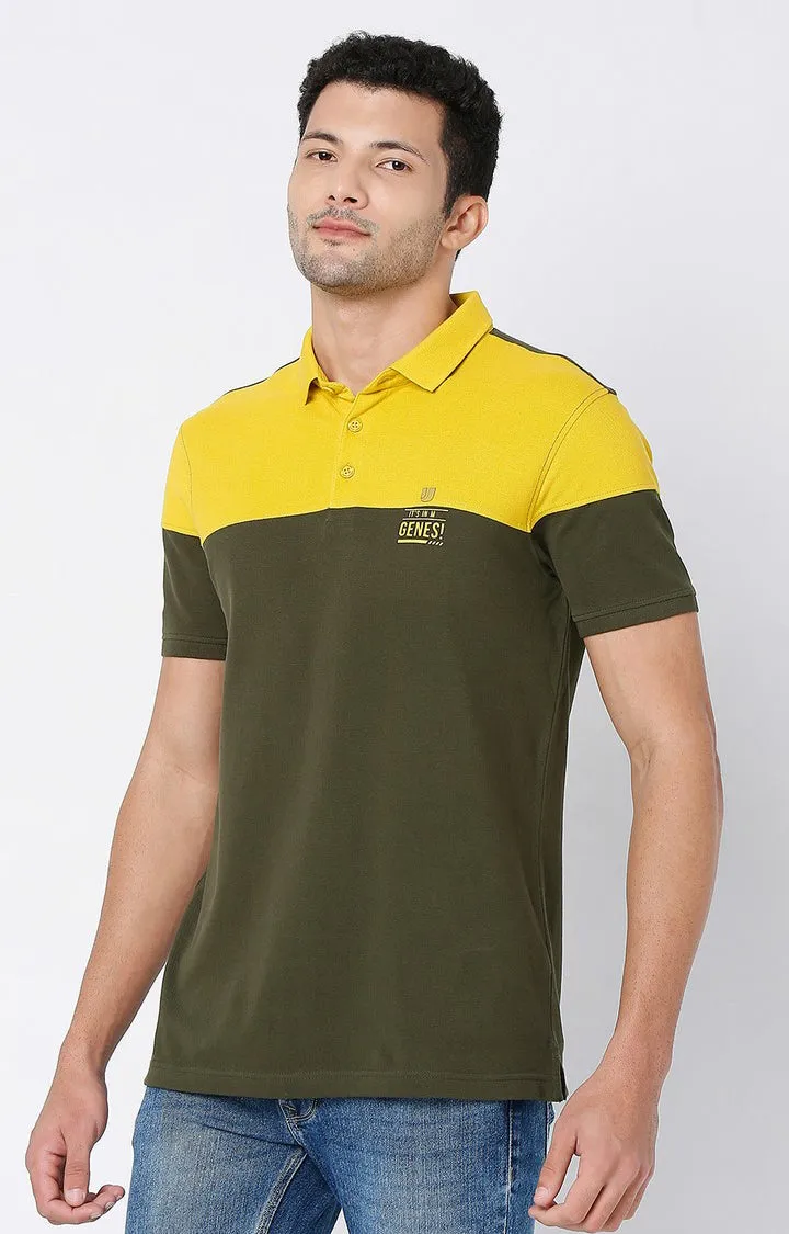 Men Premium Rifle Green & Yellow Cotton Regular Fit Polo Tshirt - Underjeans By Spykar