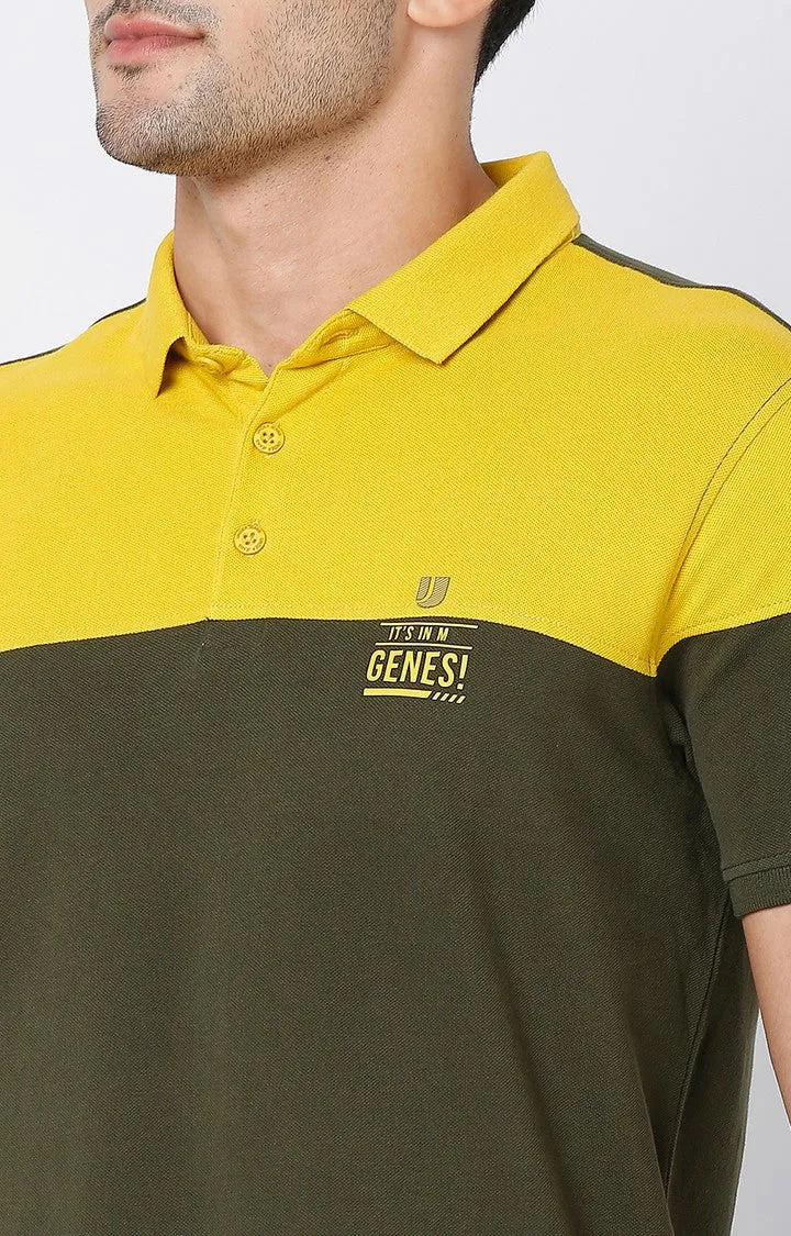 Men Premium Rifle Green & Yellow Cotton Regular Fit Polo Tshirt - Underjeans By Spykar