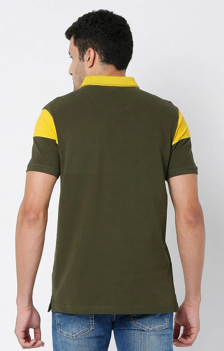 Men Premium Rifle Green & Yellow Cotton Regular Fit Polo Tshirt - Underjeans By Spykar