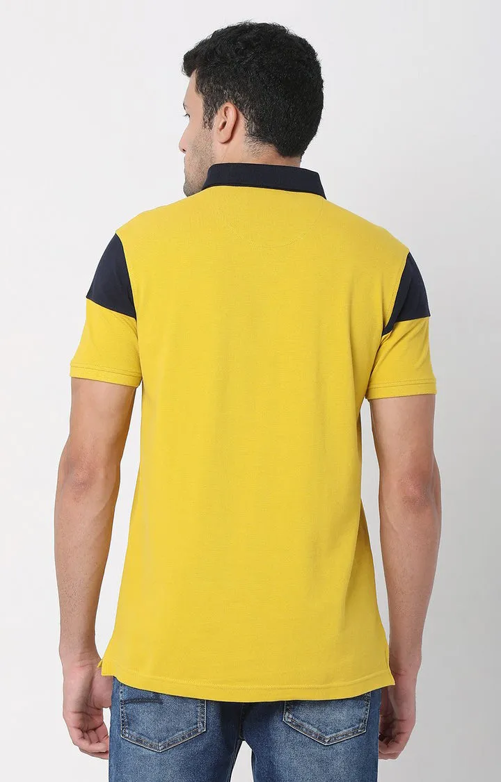 Men Premium Sulphur Yellow & Navy Cotton Regular Fit Polo Tshirt - Underjeans By Spykar