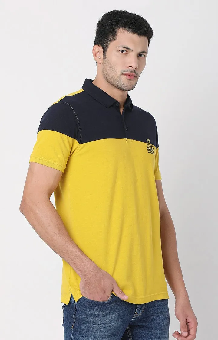 Men Premium Sulphur Yellow & Navy Cotton Regular Fit Polo Tshirt - Underjeans By Spykar