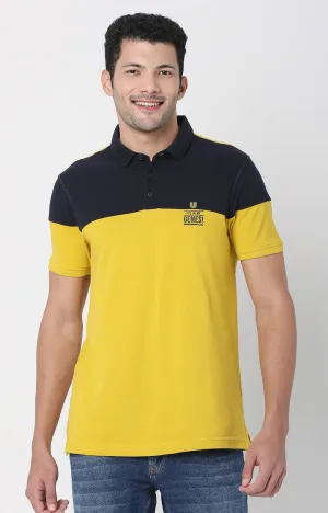 Men Premium Sulphur Yellow & Navy Cotton Regular Fit Polo Tshirt - Underjeans By Spykar