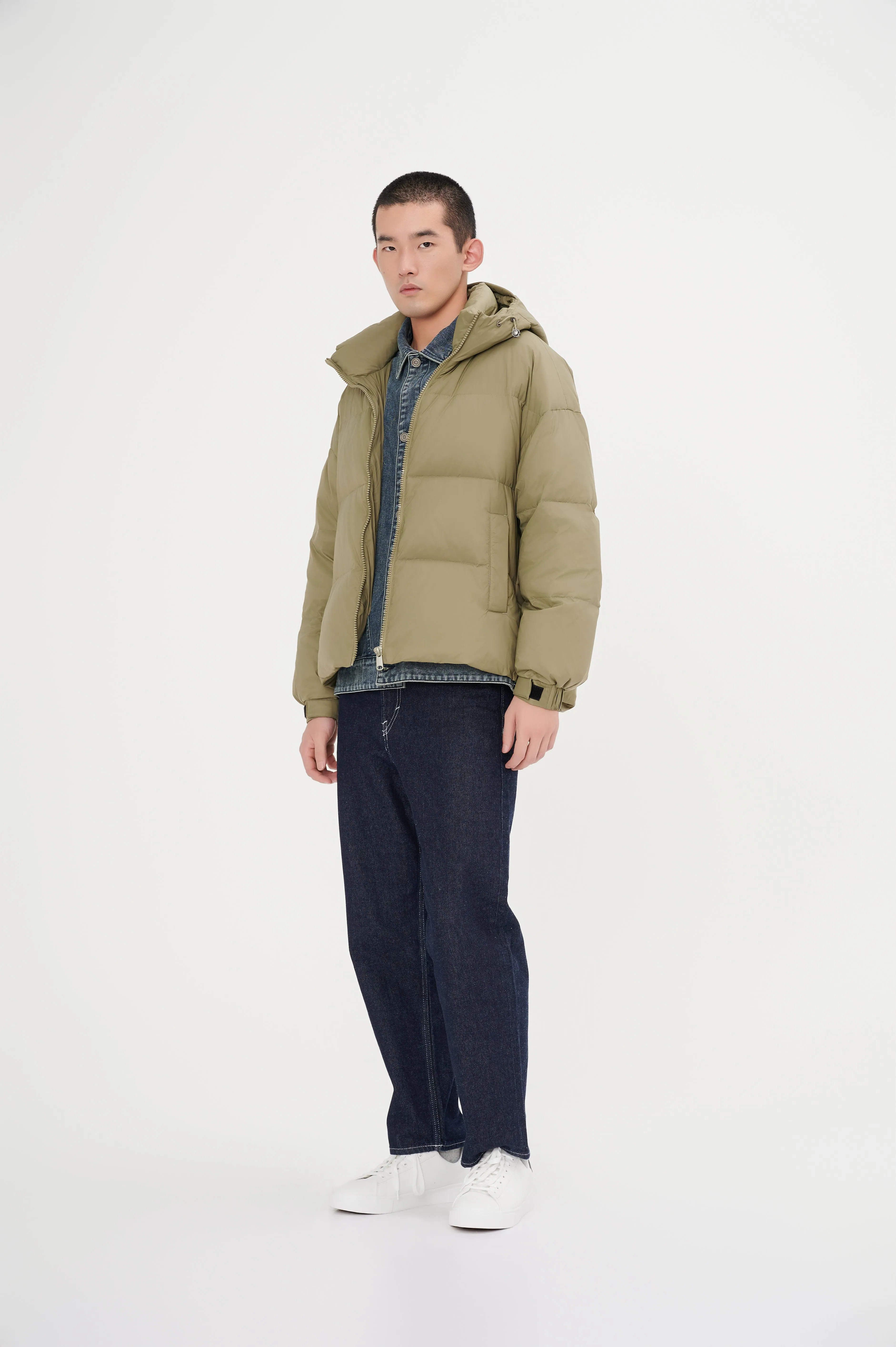 Men's Stylish, Layered Look With Denim Panel Down Jacket