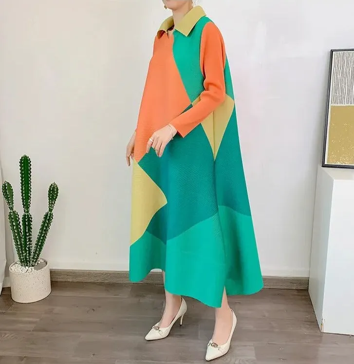 Miyake Pleated Color Block Lapel Collar Midi Dress