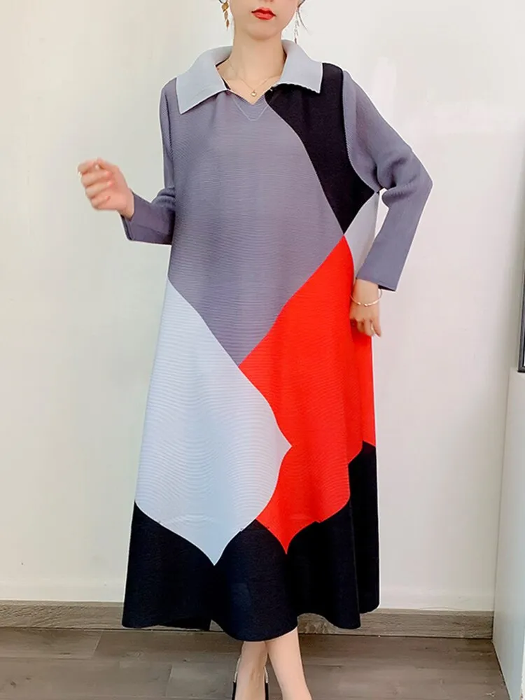 Miyake Pleated Color Block Lapel Collar Midi Dress