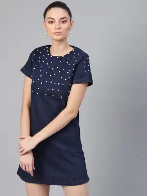 Navy Denim Pearl Studded Dress