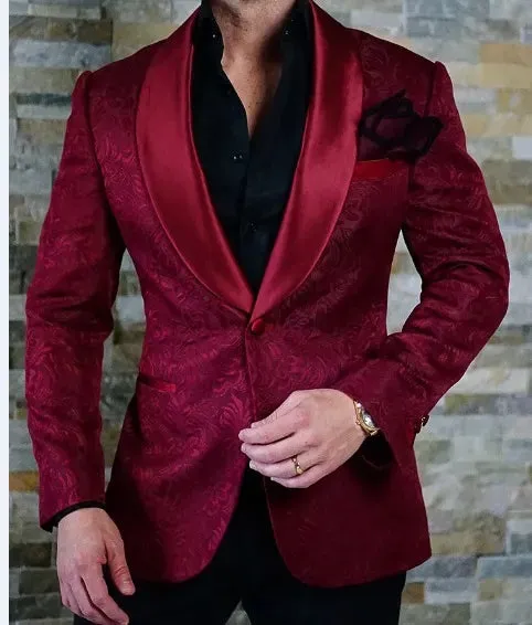 New Arrival One Button Burgundy Paisley Shawl Lapel Wedding Groom Tuxedos Men Party Groomsmen Suits (Jacket Pants Tie) K31