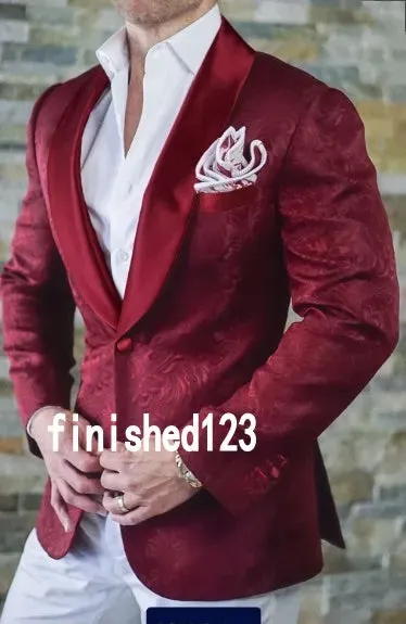 New Arrival One Button Burgundy Paisley Shawl Lapel Wedding Groom Tuxedos Men Party Groomsmen Suits (Jacket Pants Tie) K31