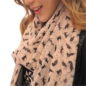 New Fashion Women's Chiffon Colorful Printed Sweet Cartoon Cat Kitten Scarf Graffiti Style Shawl Girls Christmas Gift