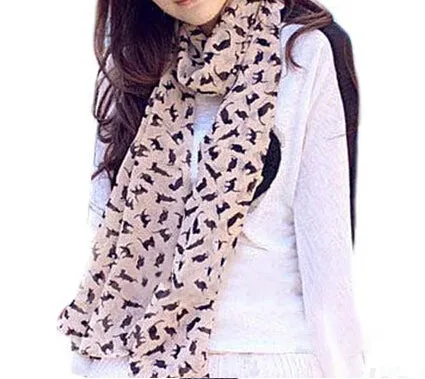 New Fashion Women's Chiffon Colorful Printed Sweet Cartoon Cat Kitten Scarf Graffiti Style Shawl Girls Christmas Gift