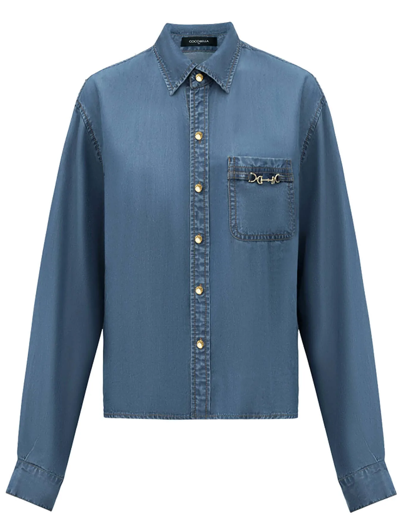 Oversized Button Down Denim Shirt with Light Gold Horse Buckle