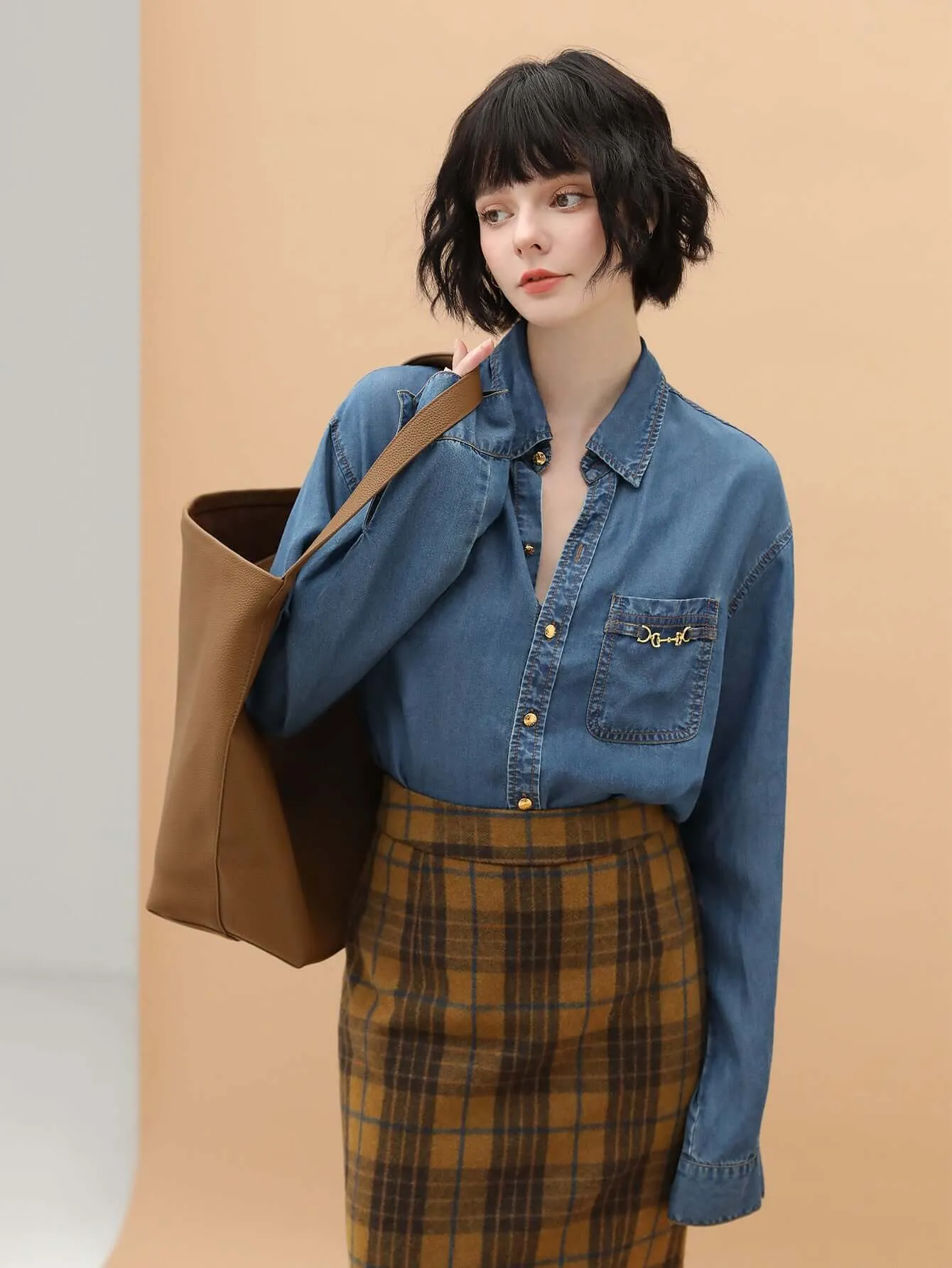 Oversized Button Down Denim Shirt with Light Gold Horse Buckle