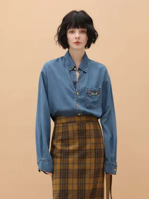 Oversized Button Down Denim Shirt with Light Gold Horse Buckle