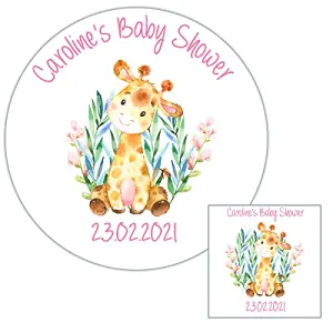 Personalised Baby Shower Party Stickers for Favours Party Bags Giraffe Pink Girl