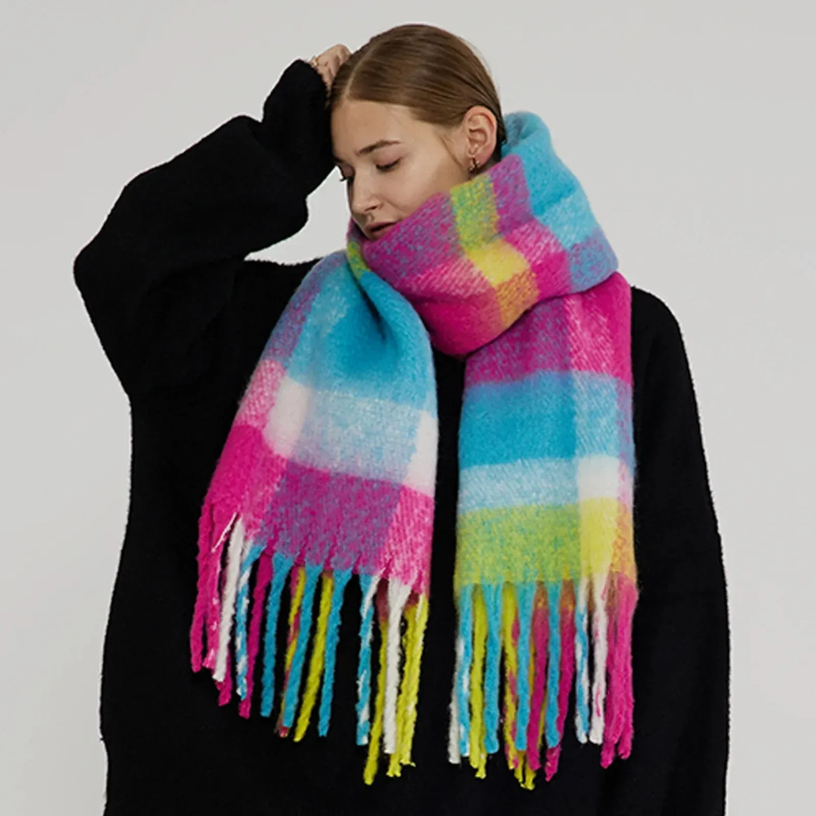 Plaid Coarse Tassel Imitation Cashmere Scarf for Autumn Winter Warmth