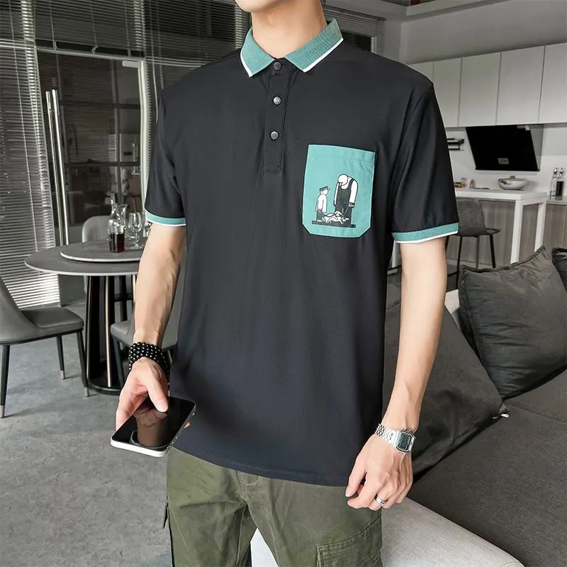 Pocket Color Blocking Lapel Short Sleeve Polo Shirt