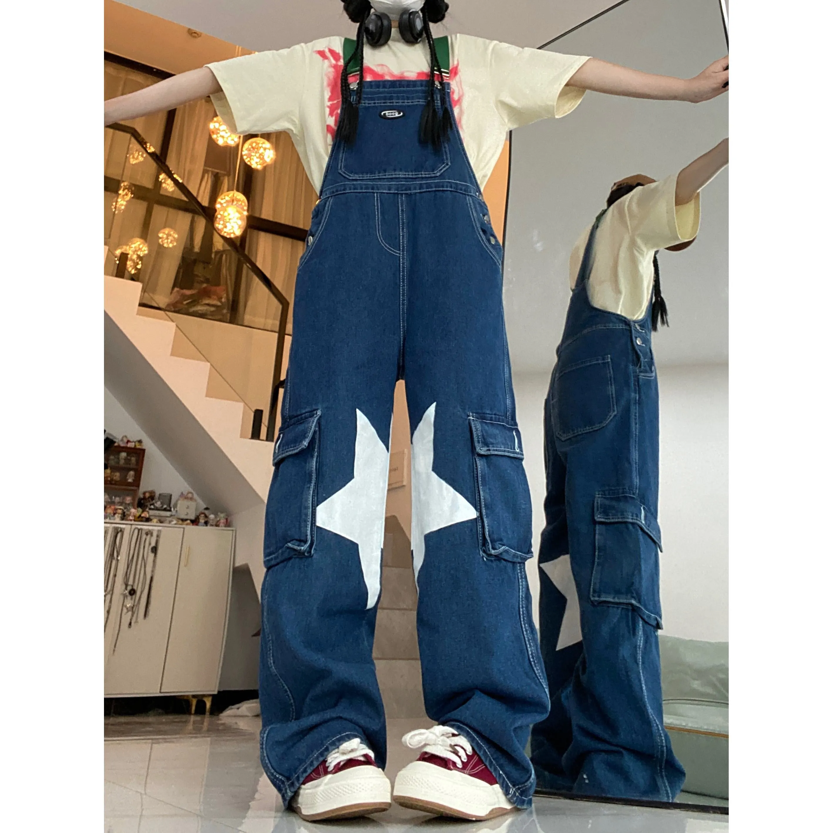 Retro Casual Stars Pattern Loose Fit Straight Leg Denim Overalls